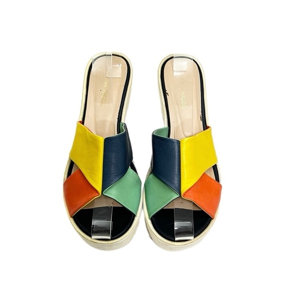 Vintage Y2K colorblock leather folded strap chunky platform wedge sandals - Picture 1 of 8
